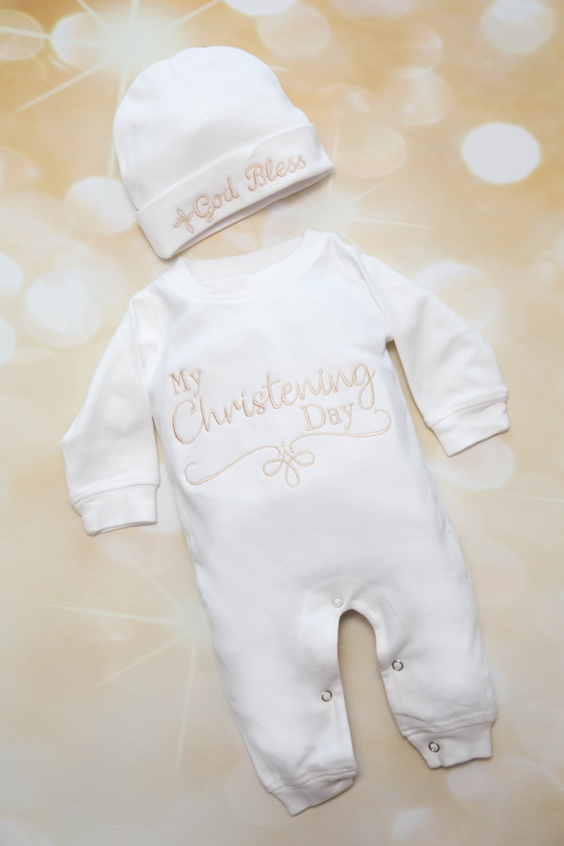 Baby Boy Christening Boy Baptism Gift New Baby Gift Boy Christening Day Set New Baby Gift Baby Boy Cotton Baby Romper and Available Hat image 2