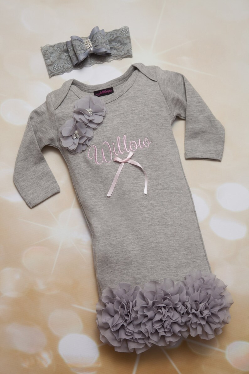 Grey Personalized Baby Girl Gown Set Embroidered Infant Gown Etsy