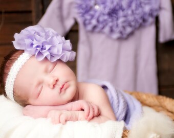 Lavender Infant Layette Baby Gown with Chiffon Flowers and Rhinestones