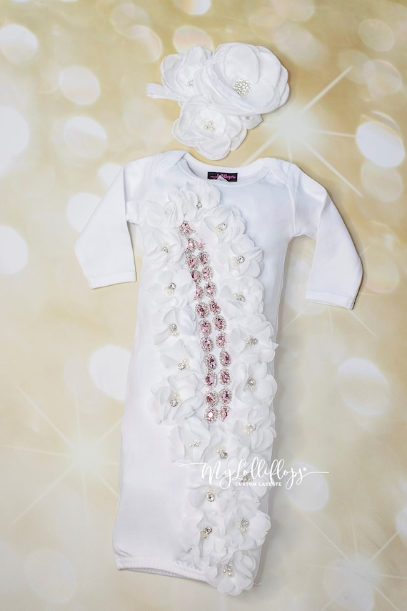Baby Girl Gift White Gown Infant Layette Cotton Baby Gown With Rhinestones and Chiffon Flowers With Matching Headband Etsy Canada