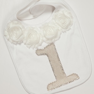 1st Birthday Bib 2nd birthday 3rd Birthday Bib White  Baby Girl Bib with Chiffon and Rhinestone Numbers