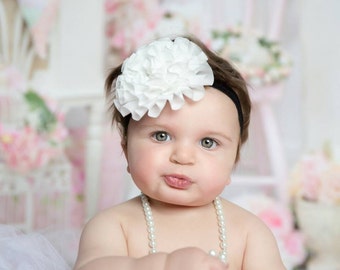Infant Toddler Headband with Off White Chiffon Flower and Rhinestone