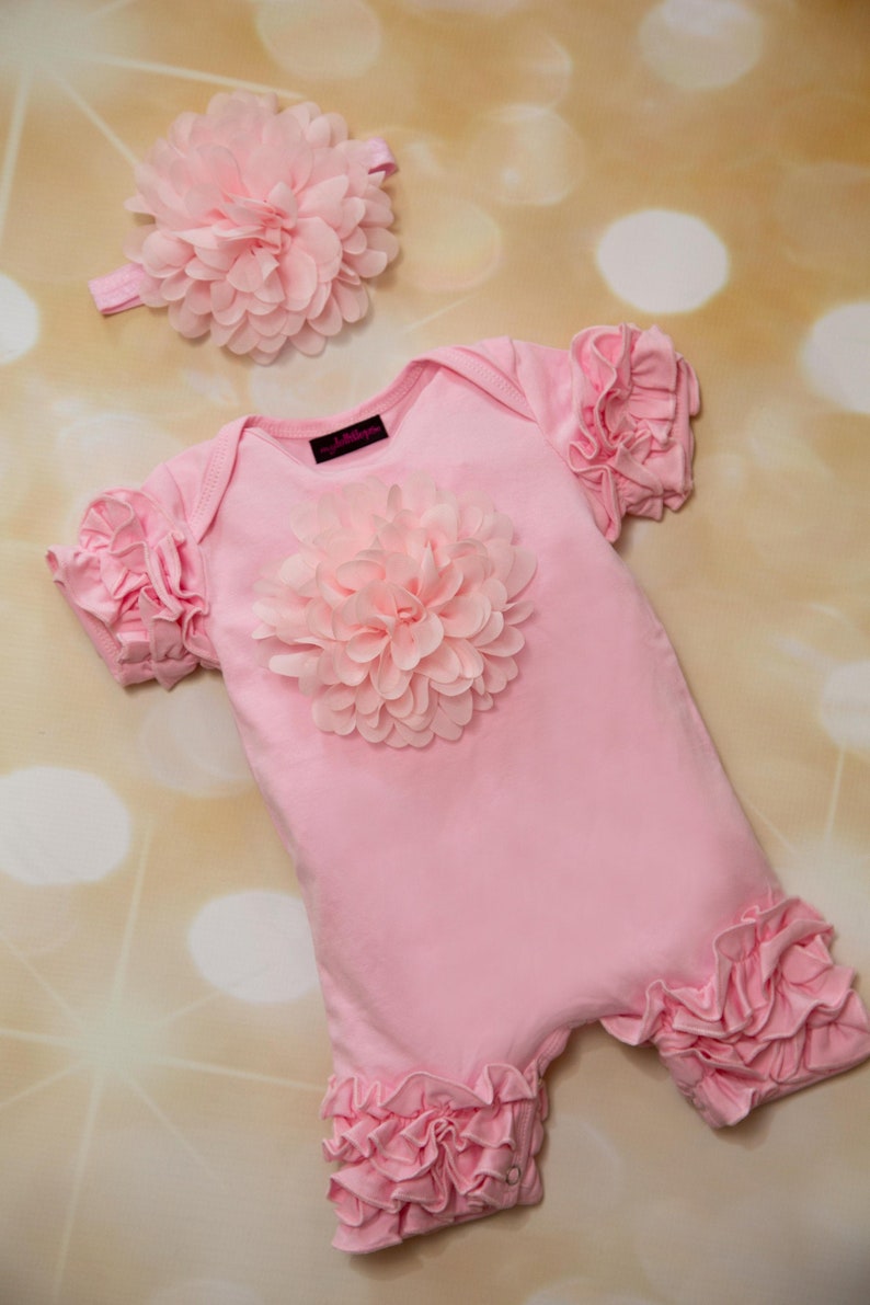 Ruffle Pink Baby Girl Romper Short Sleeve Infant One Piece Romper with Chiffon Flowers image 1