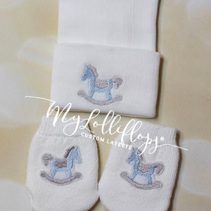 Baby Boy Rocking Horse  Hospital Hat Baby Boy Set Cotton Personalized Baby Boy Hat with Matching Mittens