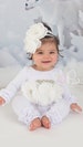 Baby Girl Ruffle White Infant Layette Cotton Baby Romper with Large Chiffon and Rhinestones 