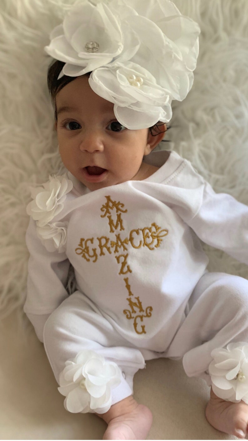 Baby Girl Christening Baptism Amazing Grace White Romper Etsy