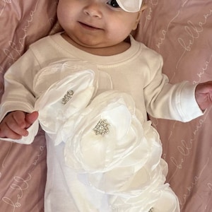 Baby Girl Infant Layette White Baby Romper with Off White Large Flowers and Rhinestones