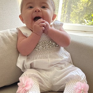 Baby Girl White Romper Set Baby Girl Rhinestone Romper Set Infant Two Piece Set with Chiffon Flowers and Matching Rhinestone Headband image 9