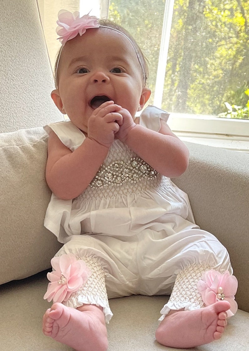 Baby Girl White Romper Set Baby Girl Rhinestone Romper Set Infant Two Piece Set with Chiffon Flowers and Matching Rhinestone Headband image 9