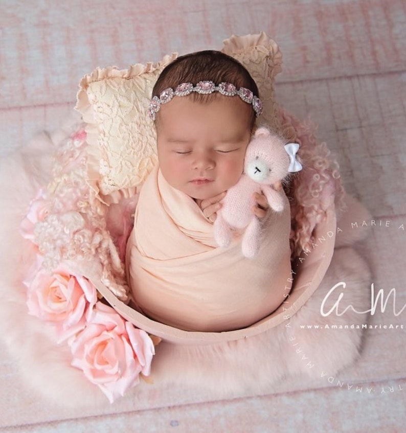 K&ouml;nnte beinhalten: Ein neugeborenes Baby-M&auml;dchen schl&auml;ft in einer rosa Sch&uuml;ssel mit einem rosa Teddyb&auml;r. Das Baby tr&auml;gt ein rosa Stirnband mit Strasssteinen. Die Sch&uuml;ssel ist von rosa Blumen umgeben.