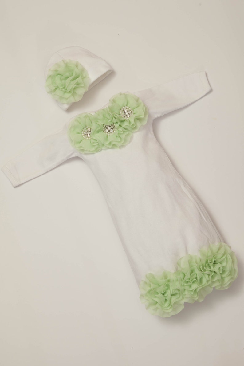 Newborn Baby Layette White Cotton Baby Gown With Mint Chiffon Etsy