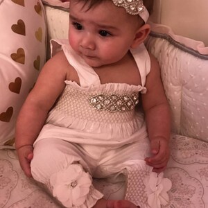 Baby Girl White Romper Set Baby Girl Rhinestone Romper Set Infant Two Piece Set with Chiffon Flowers and Matching Rhinestone Headband image 3