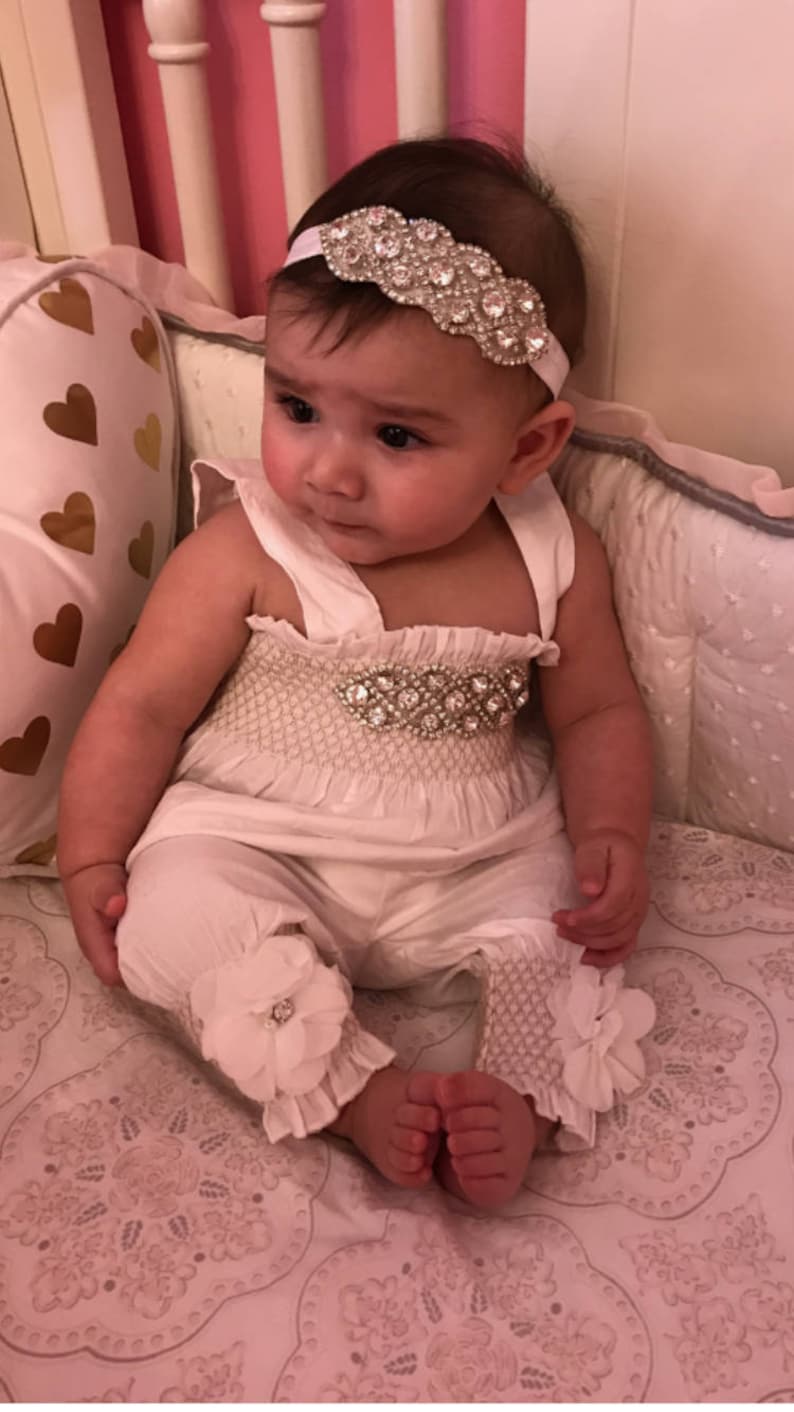 Baby Girl White Romper Set Baby Girl Rhinestone Romper Set Infant Two Piece Set with Chiffon Flowers and Matching Rhinestone Headband image 3