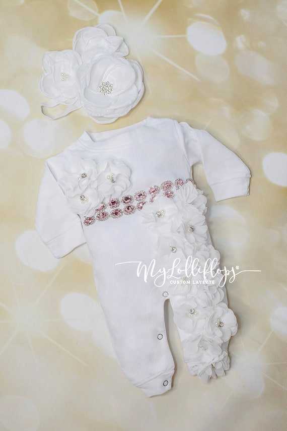 Baby Girl Coming Home Outfit Newborn Gift Shower Gift Cotton Baby Romper with Rhinestones and Chiffon Flowers with  Matching Headband