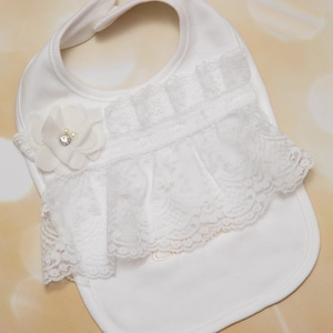 Baby Girl White Cotton Bib with White Ribbon Lace Baby Girl Bib with Off White Chiffon