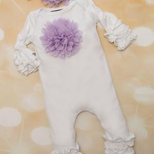 Baby Girl Ruffle White Infant Layette Cotton Baby Romper with Large Chiffon On The Chest and Matching Headband image 3