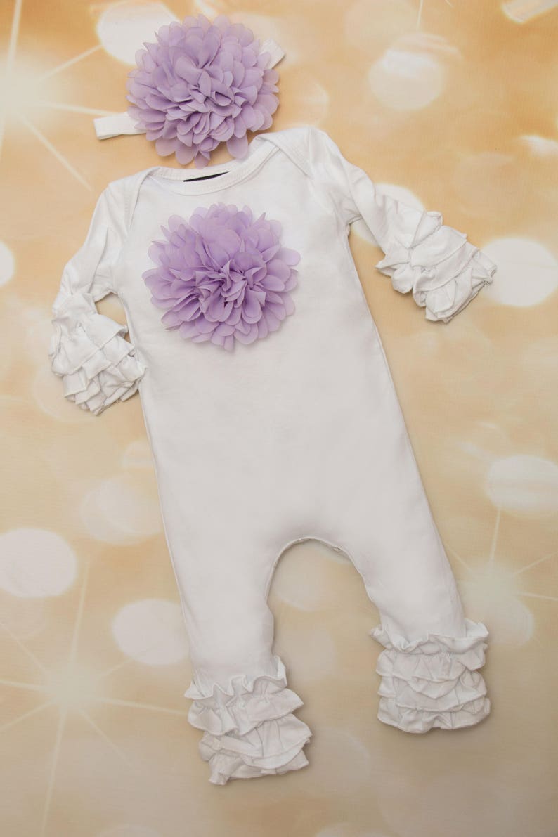 Baby Girl Ruffle White Infant Layette Cotton Baby Romper with Large Chiffon On The Chest and Matching Headband image 3