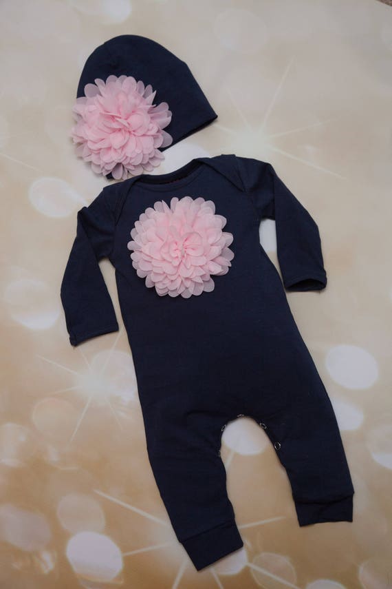 Navy Infant Layette Cotton Baby Romper with Large Chiffon On Etsy