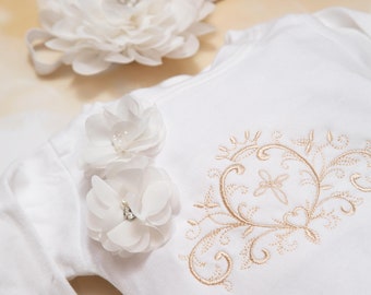 Baby Girl Christening Romper Infant Baby Girl Layette White Cotton Baby Girl Romper Set with Large Embroidery