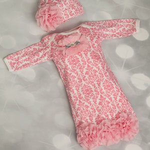 Infant Pink Damask Layette Cotton Baby Gown with Pink Chiffon Flowers and Rhinestones