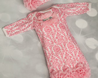 Infant Pink Damask Layette Cotton Baby Gown with Pink Chiffon Flowers and Rhinestones