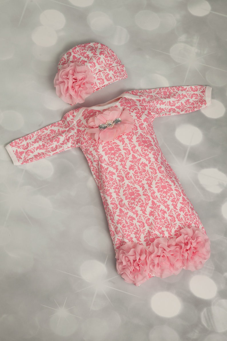 Infant Pink Damask Layette Cotton Baby Gown With Pink Chiffon Etsy