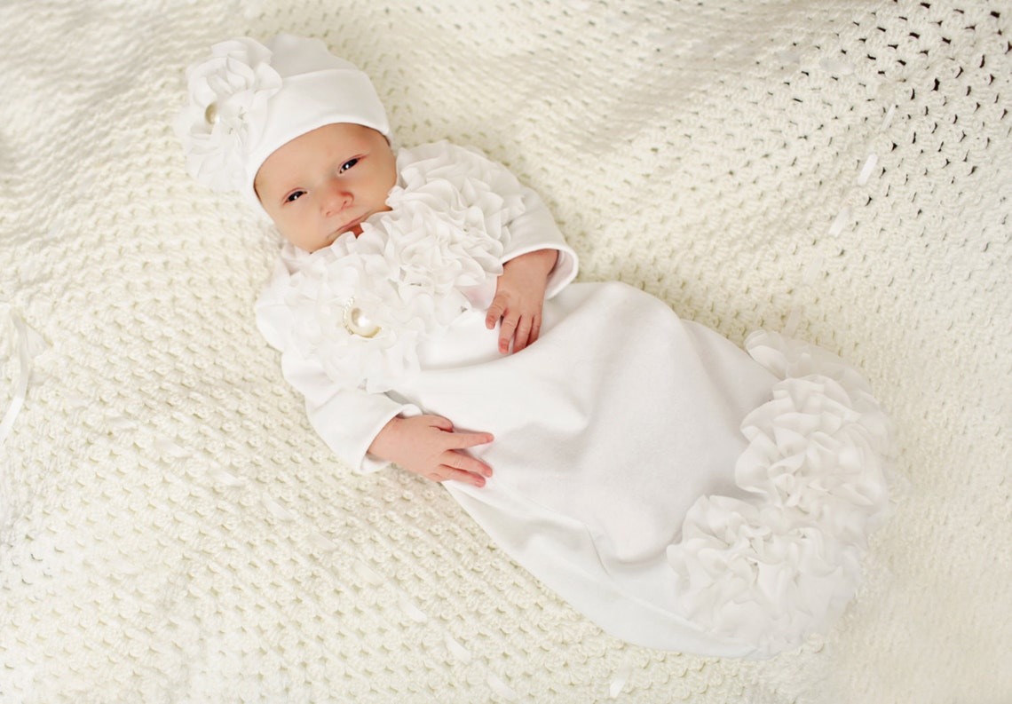 Newborn Infant Layette White Baby Gown With off White Chiffon Etsy