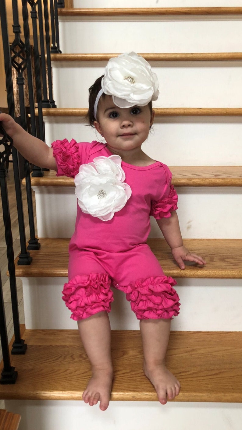 Ruffle Hot Pink Baby Girl Romper Short Sleeve Infant One Piece Romper with Large Flower