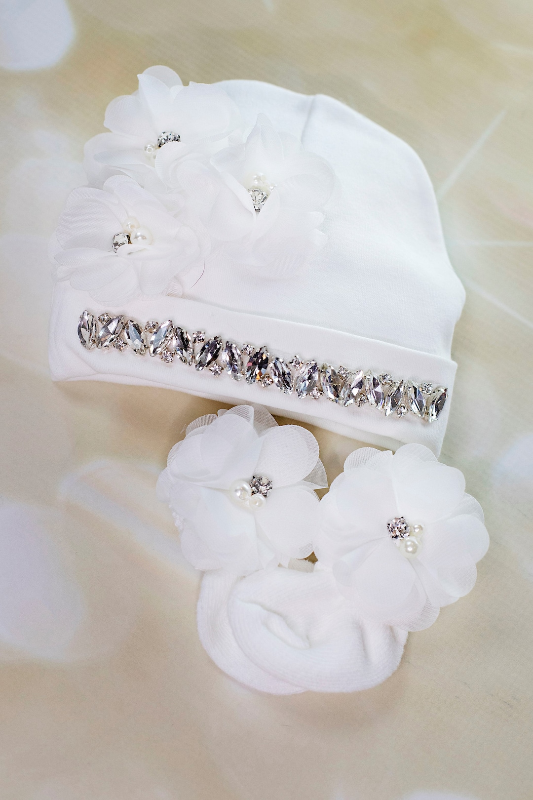 Newborn Rhinestone Flower Hat and Socks Set, Baby Girl Hospital Outfit ...