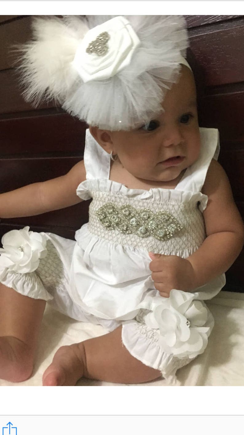 Baby Girl White Romper Set Baby Girl Rhinestone Romper Set Infant Two Piece Set with Chiffon Flowers and Matching Rhinestone Headband image 4