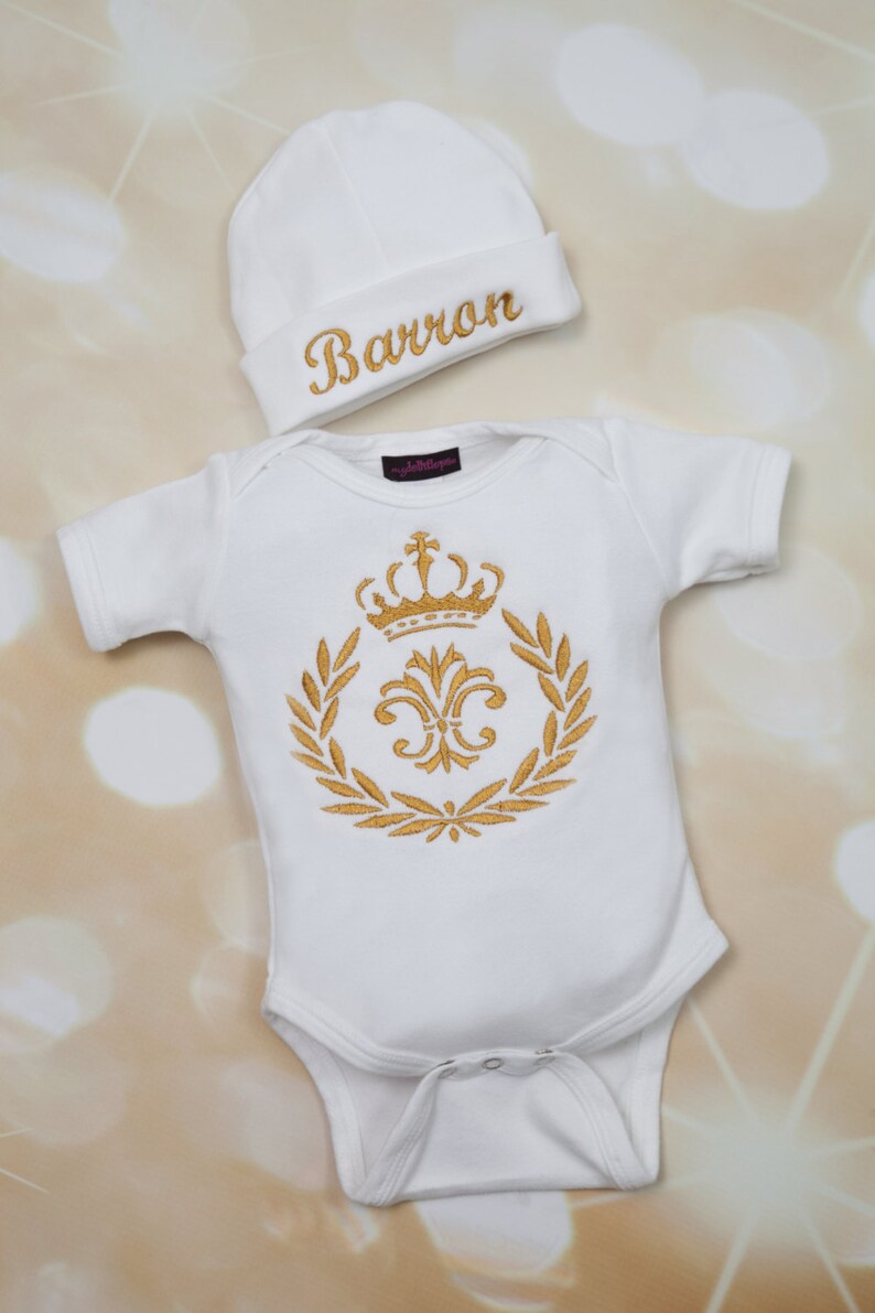 Personalized White Baby Boy One Piece Set Large Crest Etsy