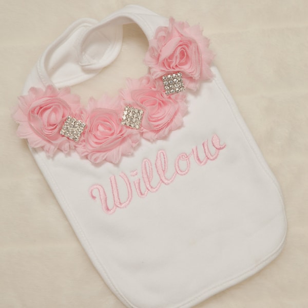 Embroidered White Bib Baby Girl Personalized Bib with Chiffon and Rhinestone