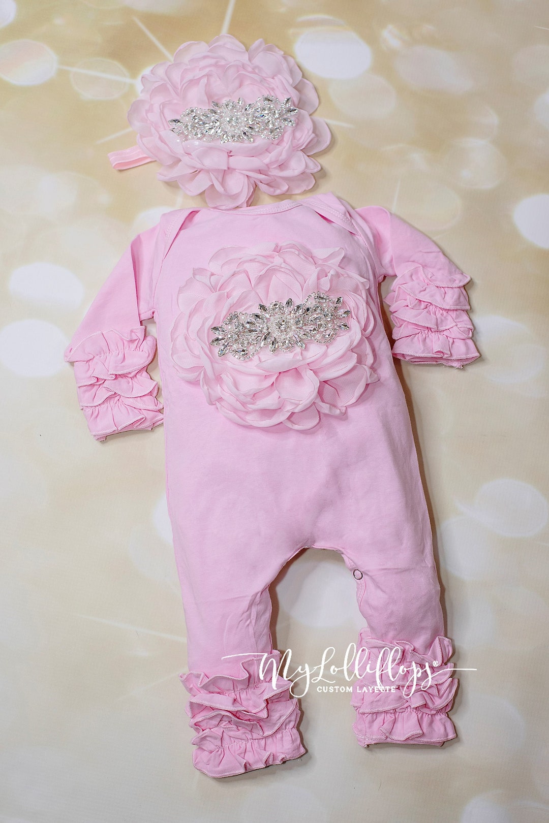 Baby Girl Pink Ruffle Infant Layette Cotton Baby Romper With Large ...