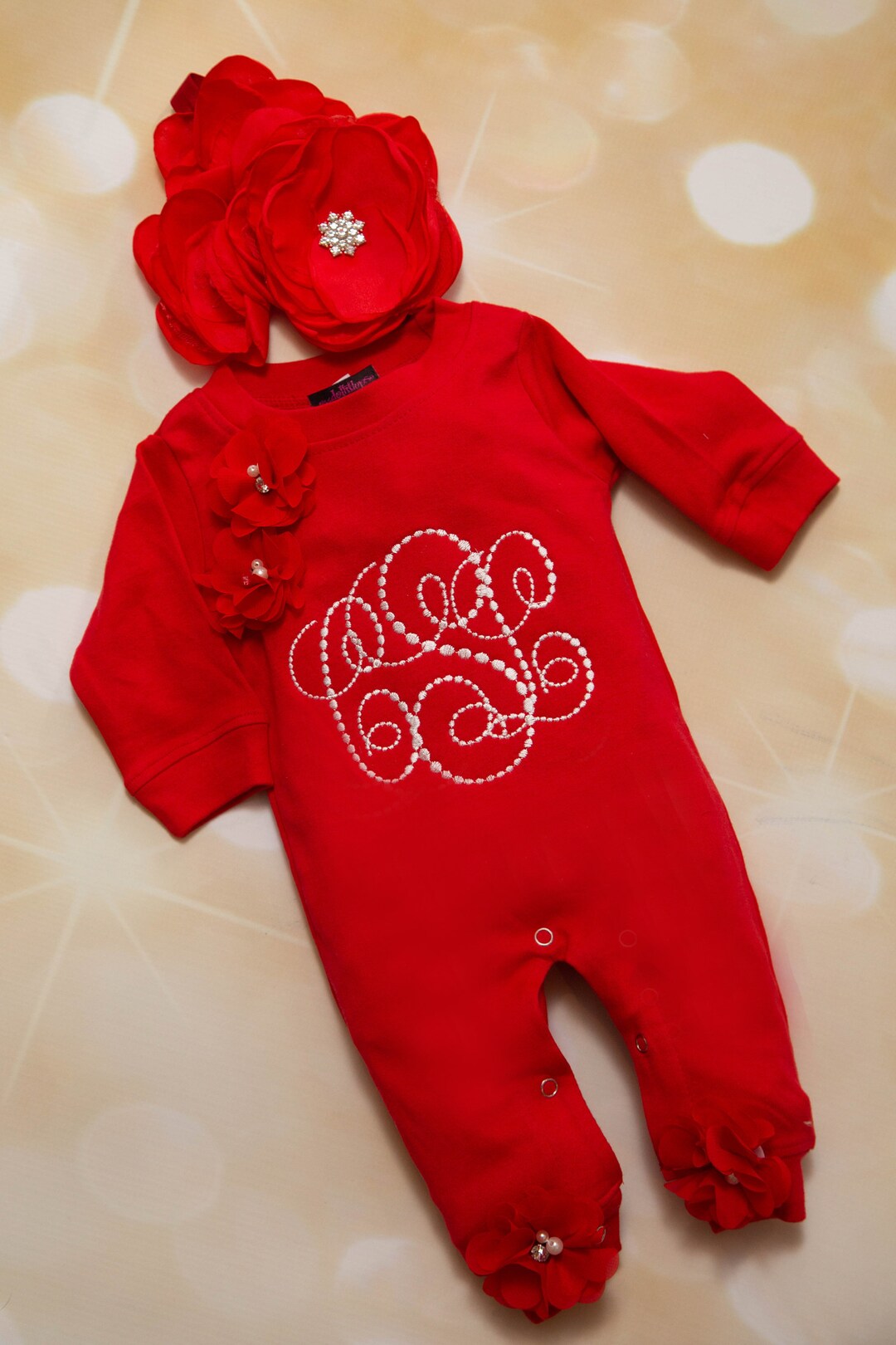 Baby Girl Personalized Romper Set Baby Girl Romper Set Red Embroidered