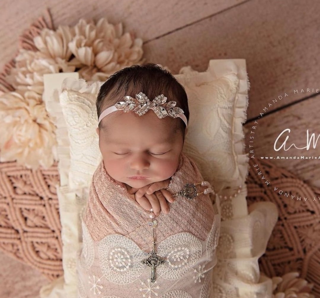 MauSong Cerchietto Battesimo Con Fiocchi - Fascia Capelli In Pizzo E Chiffon Per Bambina