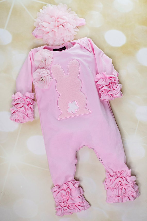 Baby Girl Pink Ruffle Easter Layette Cotton Baby Romper with Large Bunny Embroidery On The Chest and Matching Headband