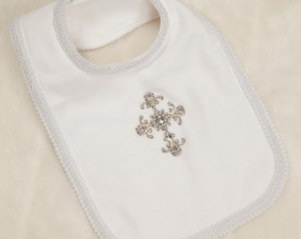 Baby Boy White Baptism Baby Bib with Rhinestone Cross