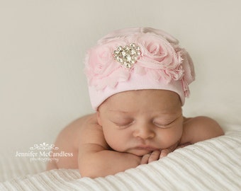 Newborn Baby Girl Pink Infant Baby Girl Beanie Hat with Chiffon and Rhinestone Heart