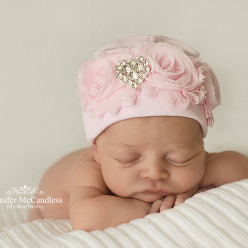 Newborn Baby Girl Pink Infant Baby Girl Beanie Hat with Chiffon and Rhinestone Heart