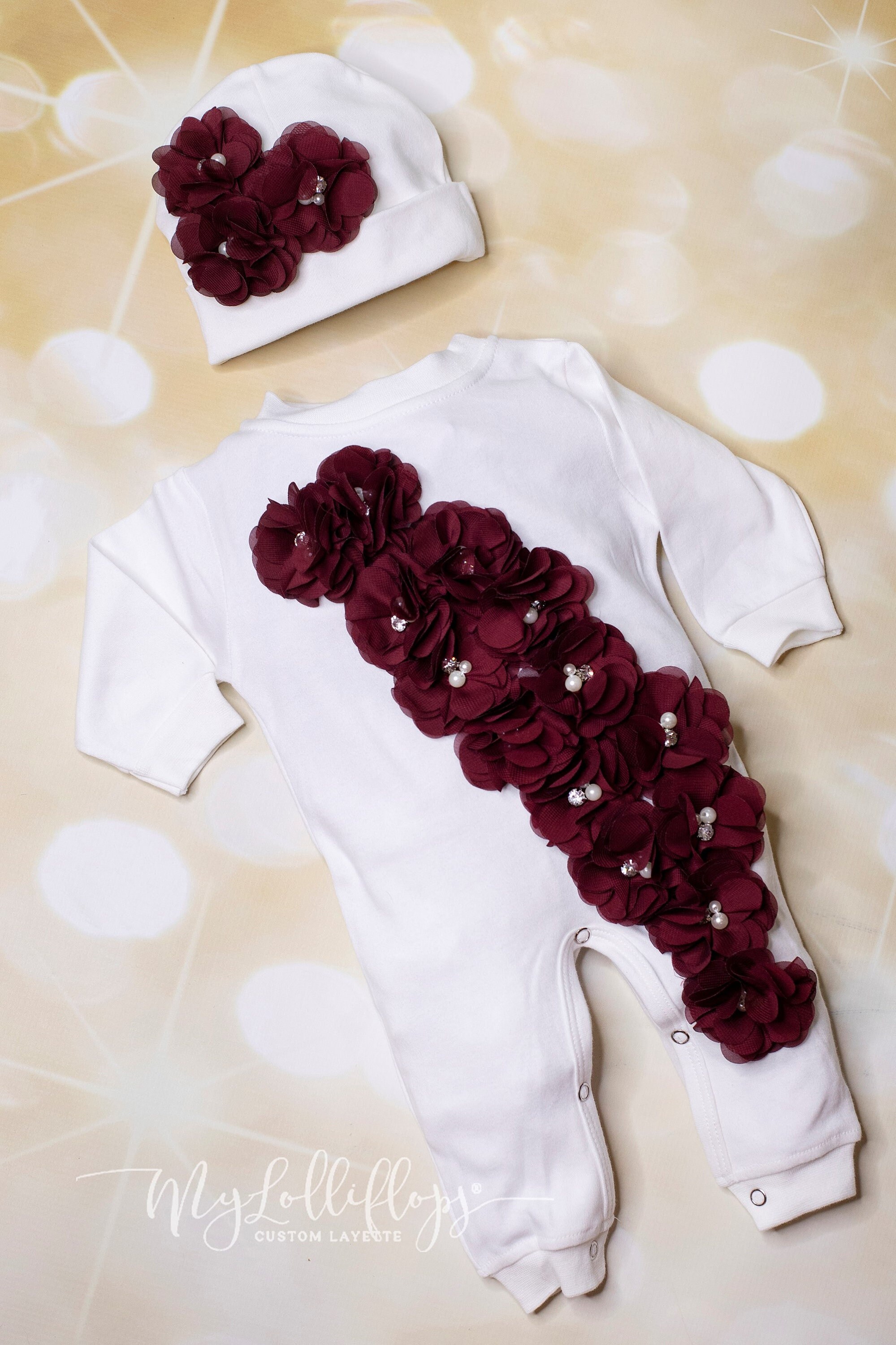 Baby Girl Holiday White Infant Layette Cotton Long Sleeve  Holiday Baby Romper with Chiffon  and Rhinestones  with Matching Hat