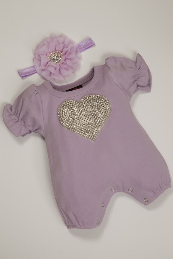 Baby Girl Romper Set: Rhinestone Heart Applique, Matching Headband