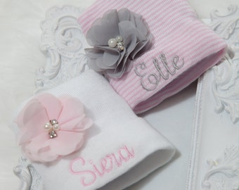 Personalized Newborn Hospital Hat: Tiny Baby Girl Chiffon Flower