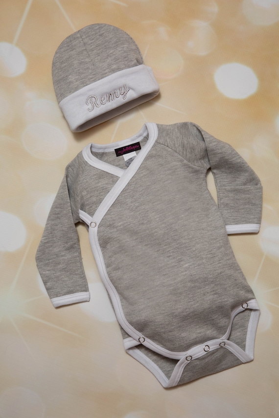 Baby Boy Personalized Grey Long Sleeve Kimono Style One Piece With