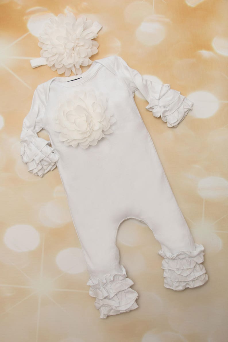 Baby Girl Ruffle White Infant Layette Cotton Baby Romper with Large Chiffon On The Chest and Matching Headband image 2