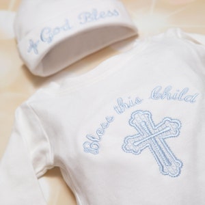 Personalized Baby Boy Christening Baptism  Bless This Child Gift Christening New Baby Boy Cotton Baby  Romper with available Matching Hat