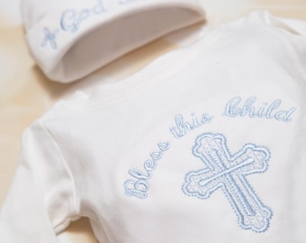 Personalized Baby Boy Christening Baptism  Bless This Child Gift Christening New Baby Boy Cotton Baby  Romper with available Matching Hat