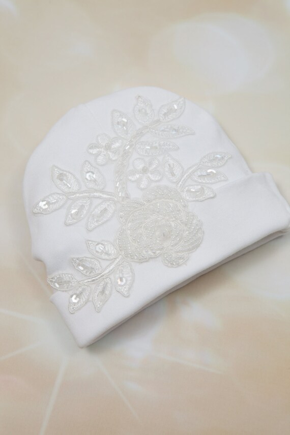 White Infant Baby Girl Beanie Hat with Vintage Lace and Sequence