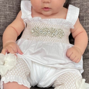 Baby Girl White Romper Set Baby Girl Rhinestone Romper Set Infant Two Piece Set with Chiffon Flowers and Matching Rhinestone Headband image 7