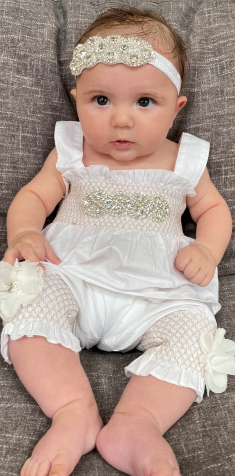 Baby Girl White Romper Set Baby Girl Rhinestone Romper Set Infant Two Piece Set with Chiffon Flowers and Matching Rhinestone Headband image 7