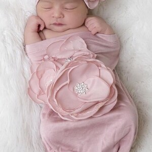 Newborn Baby Girl Gift Rose Baby Sack Shower Gift Mauve Infant Layette Cotton Baby Sack with Large Flower On The Chest and Matching Hat image 3